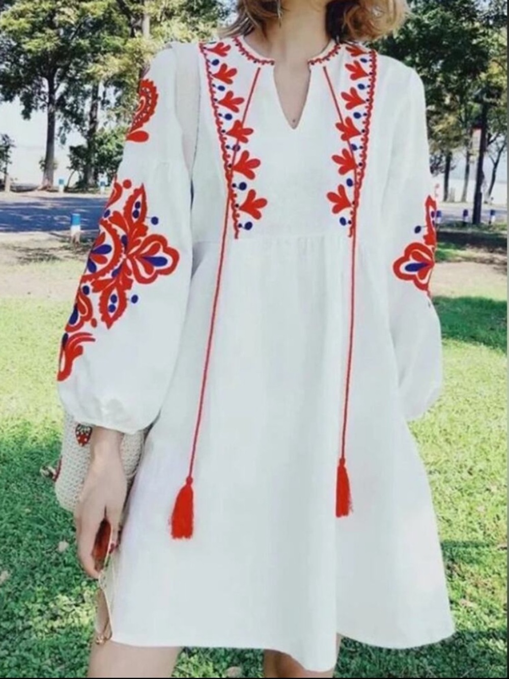 White Mini Dress with Red Embroidered Floral Accents